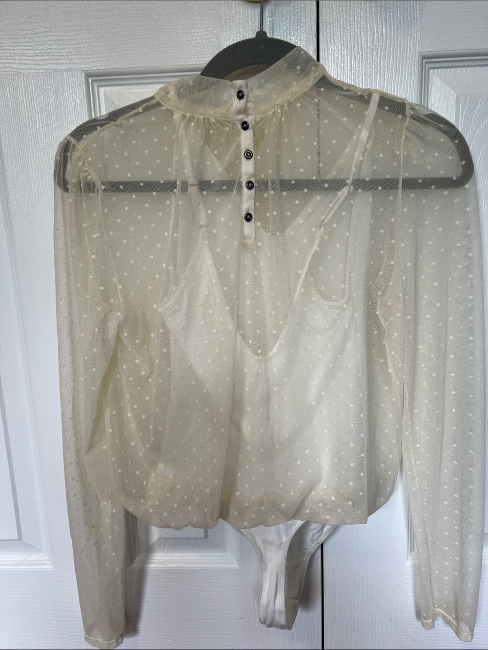Free People Sheer Ivory Polka Dot Long-Sleeve Bodysuit Size Small - Picture 3 of 3